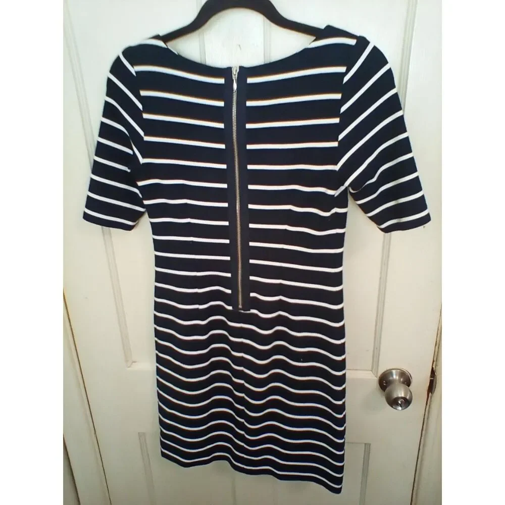Banana Republic Bodycon Dress Womens 0 Black White Striped Short Sleeve Zip Back